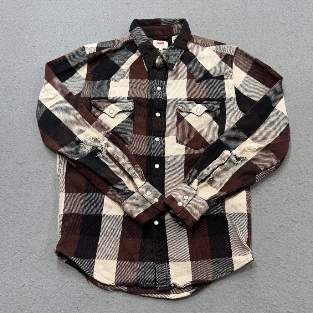 Levi's Western Shirt Men's Small Brown Plaid Pearl Snap Distressed Long Sleeve